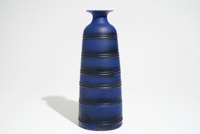 A modernist matte blue glazed vase of conical form, Perignem, 2nd half 20th C.