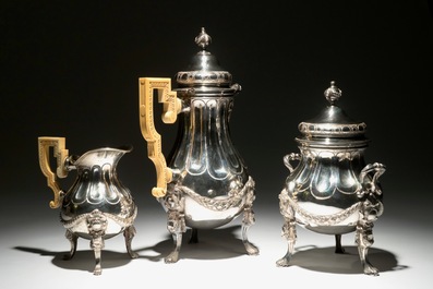 A Louis XVI silver coffeepot and milk jug with ivory handles and a sugar pot, marked for J. Roelandts, Ghent, 1779