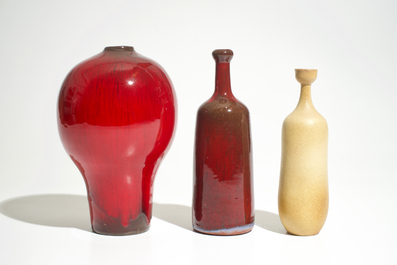 Three oxblood glazed and matte finished modernist vases, Perignem, 2nd half 20th C.