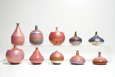 Ten small modernist vases with various blue and pink glazes, Perignem and Amphora, 2nd half 20th C.