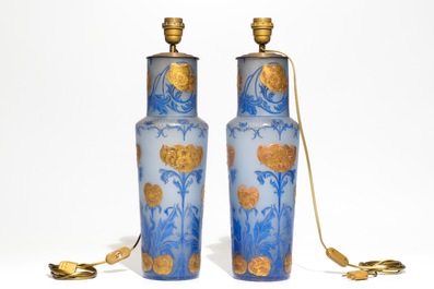 A pair of Art Nouveau glass paste vases mounted as lamps, prob. France, 19/20th C.