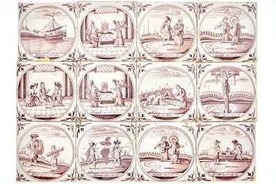 A set of 124 Dutch Delft manganese tiles with religious scenes in central medallions, 18th C.