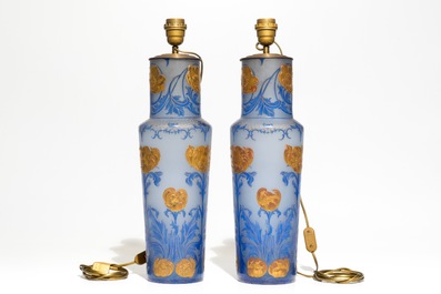 A pair of Art Nouveau glass paste vases mounted as lamps, prob. France, 19/20th C.