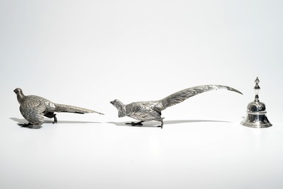 Two silver pheasants, a table bell and a pair of marble urns and covers, 19/20th C.