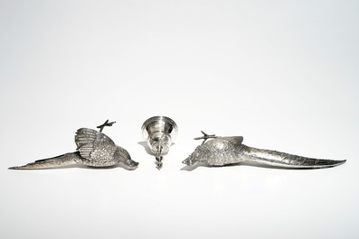 Two silver pheasants, a table bell and a pair of marble urns and covers, 19/20th C.