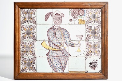 A tile mural with a Moor in manganese and yellow, Lille, France, 18th C.