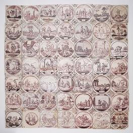 A field of 49 Dutch Delft manganese tiles with religious scenes in central medallions, 18/19th C.