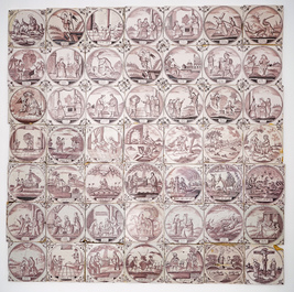 A field of 49 Dutch Delft manganese tiles with religious scenes in central medallions, 18/19th C.