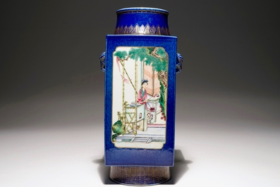 A Chinese famille rose on powder blue ground cong vase, 19th C.