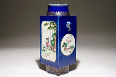 A Chinese famille rose on powder blue ground cong vase, 19th C.