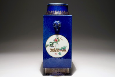 A Chinese famille rose on powder blue ground cong vase, 19th C.