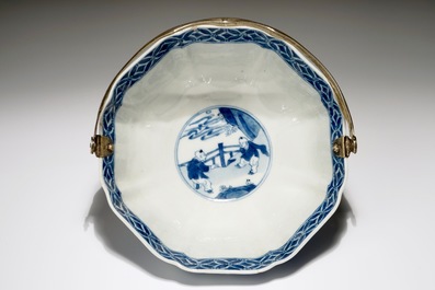 A Chinese blue and white silver-handled bowl with Long Eliza, Kangxi