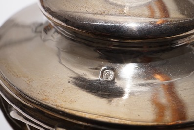 Three silver mustard jars with blue cristal interiors, 19th C.