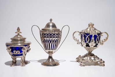 Three silver mustard jars with blue cristal interiors, 19th C.