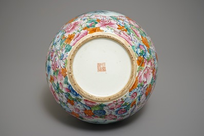 A large Chinese famille rose millefleurs tianqiu ping vase, Qianlong mark, 19/20th C.