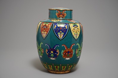 A Chinese cloisonn&eacute; jar and cover with taotie masks, 19th C.