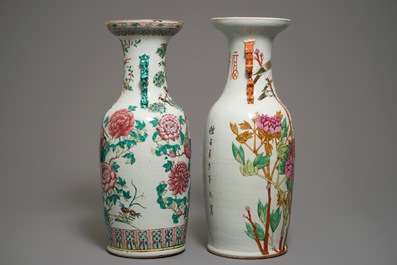 Two Chinese famille rose and qianjiang cai vases with birds, 19th C.