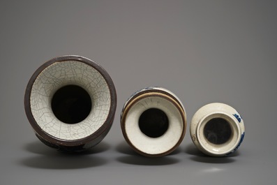 Three Chinese Nanking crackle glazed blue and white vases, 19th C.