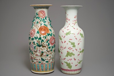 Two large Chinese famille rose vases with birds and flowers, 19th C.