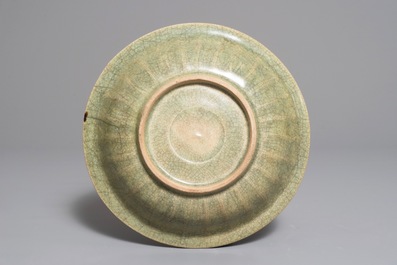 A Chinese Longquan celadon twin fish dish, Song