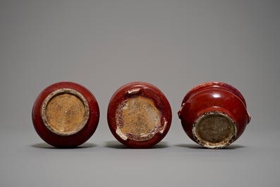 Two Chinese oxblood-glazed incense burners and a brush pot, 19/20th C.