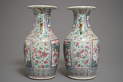 A pair of Chinese famille rose vases with warriors on horseback, 19th C.