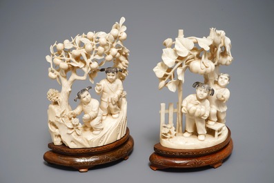 Two Chinese carved ivory groups of harvesting children, 1st half 20th C.