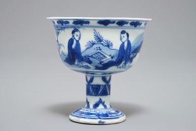 A Chinese blue and white stem cup, Ming, Chongzhen