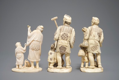 Three Japanese carved ivory okimono, Meiji, 19th C.