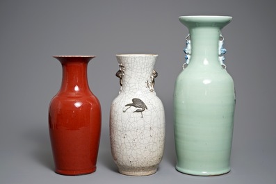 Three Chinese oxblood-glazed, crackled and celadon-ground vases, 19th C.