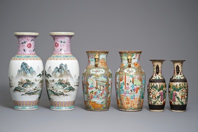 Three pairs of Chinese famille rose and verte vases, 19/20th C.