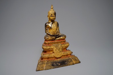 Een grote Tha&iuml;se verguld bronzen Boeddha op troon, Rattanakosin, 19e eeuw