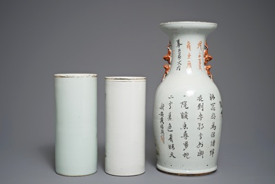 Two Chinese qianjiang cai hat stands and a vase, 19/20th C.