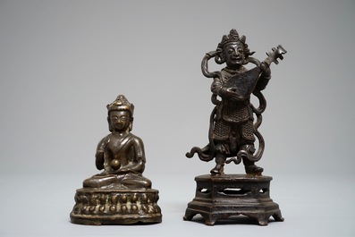 Two Chinese and Sino-Tibetan bronze figures of Buddha and of a musician, 17/18th C.