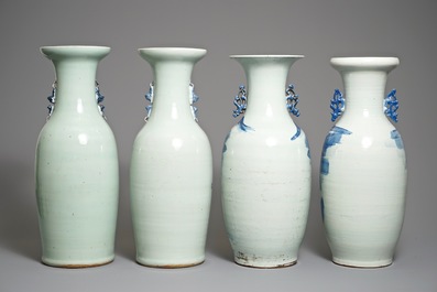 Quatre vases en porcelaine de Chine bleu et blanc sur fond c&eacute;ladon, 19&egrave;me
