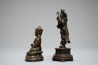 Two Chinese and Sino-Tibetan bronze figures of Buddha and of a musician, 17/18th C.