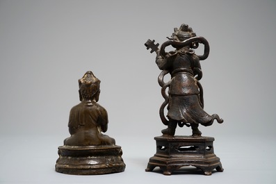 Two Chinese and Sino-Tibetan bronze figures of Buddha and of a musician, 17/18th C.