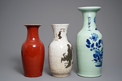 Three Chinese oxblood-glazed, crackled and celadon-ground vases, 19th C.