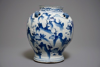 A large Chinese blue and white baluster vase with mountainous landscapes, Ming