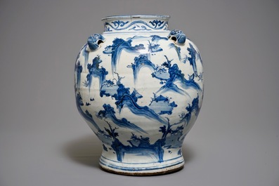 A large Chinese blue and white baluster vase with mountainous landscapes, Ming