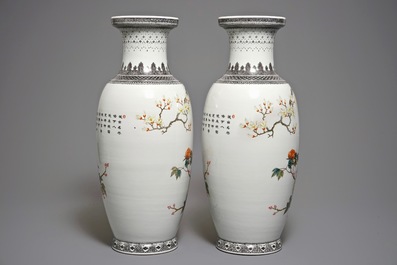 A pair of fine large Chinese famille rose peacock vases, Republic, 20th C.