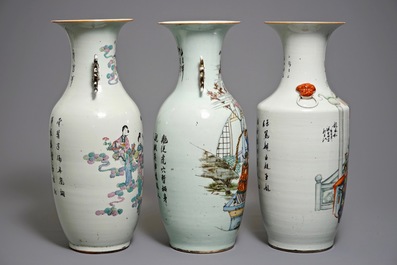 Trois grands vases en porcelaine de Chine famille rose, 19/20&egrave;me