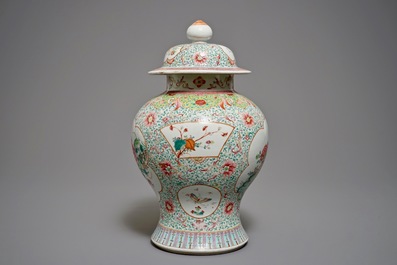 A Chinese famille rose vase and cover, Qianlong mark, 19th C.