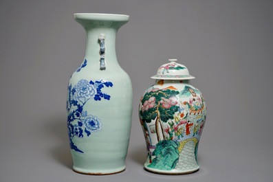 A Chinese famille rose vase and cover and a large blue and white celadon-ground vase, 19th C.