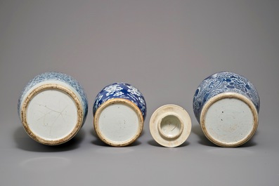 Three Chinese blue and white vases, 19th C.