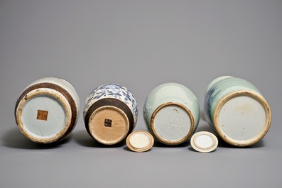 Four Chinese blue and white on celadon and crackle ground vases, 19th C.
