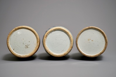 Three Chinese blue and white celadon-ground phoenix vases, 19th C.