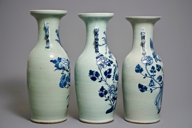19世纪 豆青釉地凤凰纹青花瓷瓶 三件