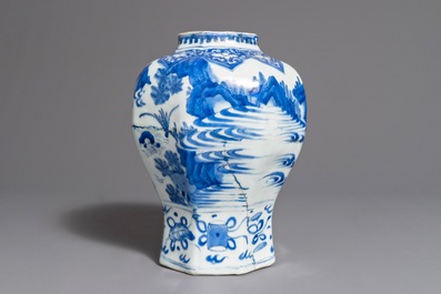 A Chinese blue and white baluster vase with figures in a landscape, Transitional period