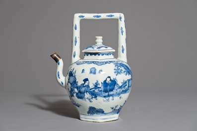 A Chinese blue and white wine jug and cover with silver-mounted spout, Transitional period